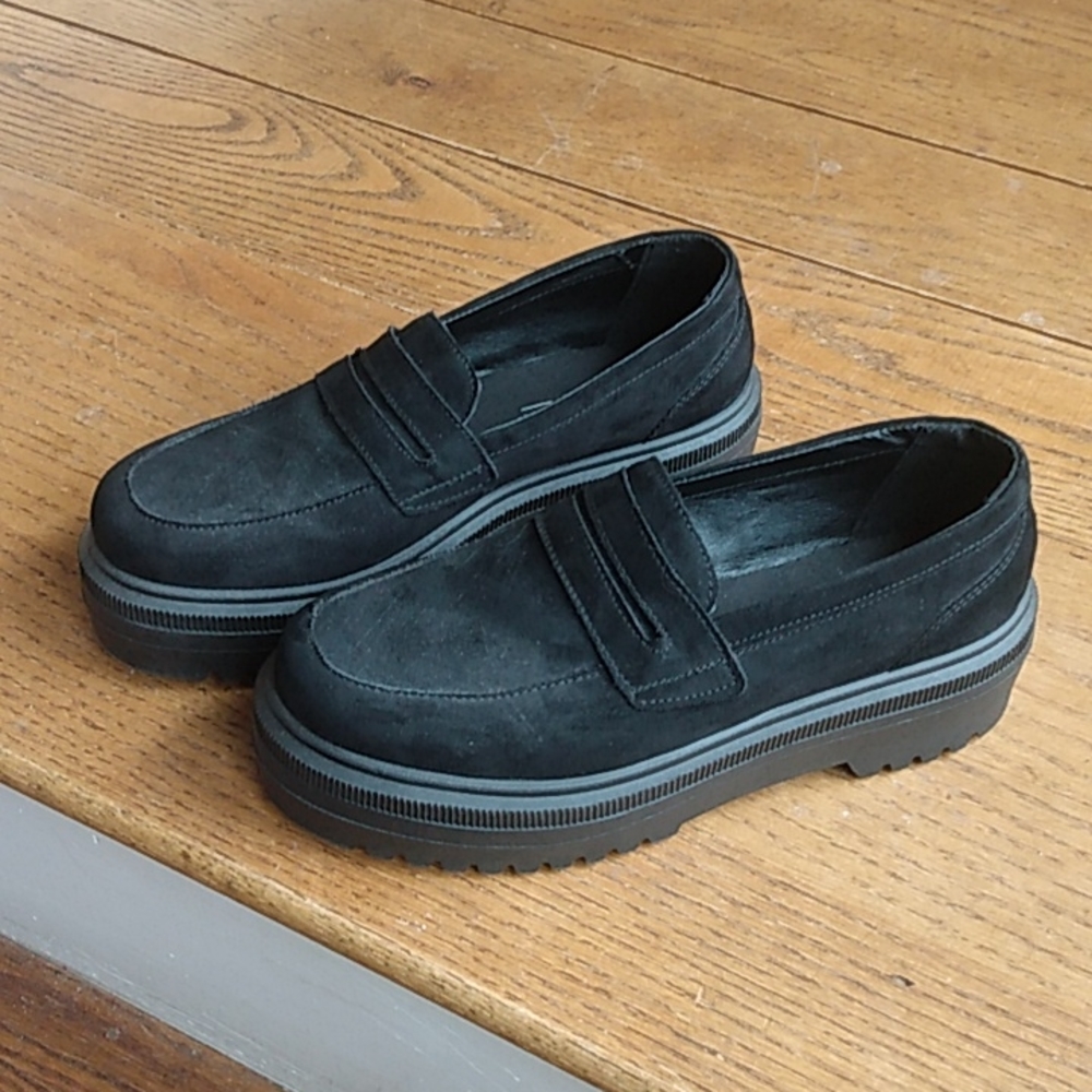 ASOS black stacked sole microsuede Loafer Style Shoes Size 6